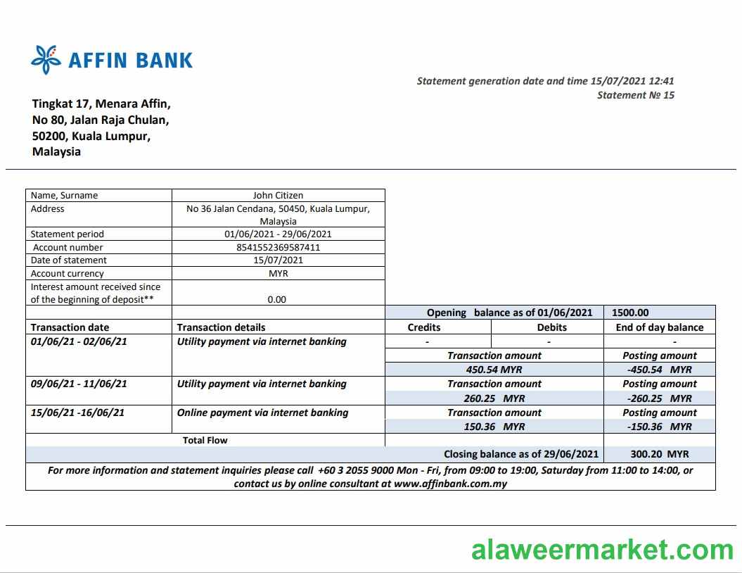 Malaysia Affin Bank statement